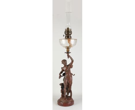 Large antique French composition metal standing kerosene lamp with crystal glass reservoir.&nbsp;Circa 1900. Dimensions: H 93