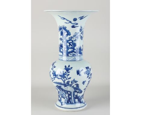 Kang Xi style Chinese porcelain trumpet vase with garden decor.&nbsp;With bottom mark.&nbsp;Dimensions: H 39 cm.&nbsp;In good