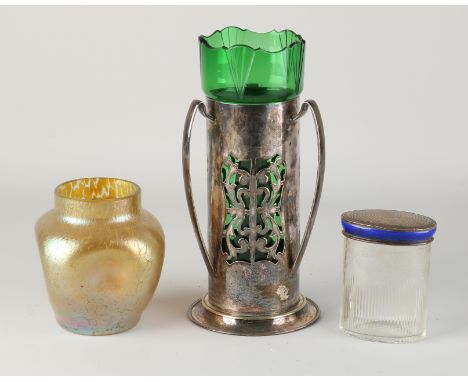 Three pieces of antique Jugendstil glassware.&nbsp;(1) Squeeze vase, possibly Palme König.&nbsp;(2) Vase with plated holder, 