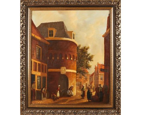Unsigned.&nbsp;20th century.&nbsp;Painted copy after an old master.&nbsp;Dutch cityscape with figures.&nbsp;Oil on linen.&nbs