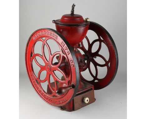 Very large antique cast iron grocery coffee grinder.&nbsp;America, Enterprise MFG &amp; Co., Philadelphia USA.&nbsp;With two 