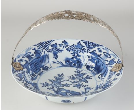 17th - 18th century Chinese porcelain deep Kang Xi dish with later silver bracket.&nbsp;Garden/vases decor.&nbsp;Minimal chip