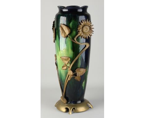 Large antique ceramic majolica vase.&nbsp;Jugendstil.&nbsp;Marked JS and numbered.&nbsp;With gold-plated brass ornaments.&nbs