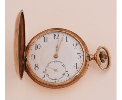 Yellow gold pocket watch, 585/000, with gold cover on the front and back, fitted with a metal dust cover.&nbsp;mechanical.&nb