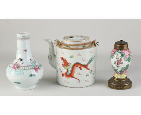 Three parts Chinese porcelain.&nbsp;(1) Family Rose vase with figures in garden decor, 19th century, double bottom ring, chip