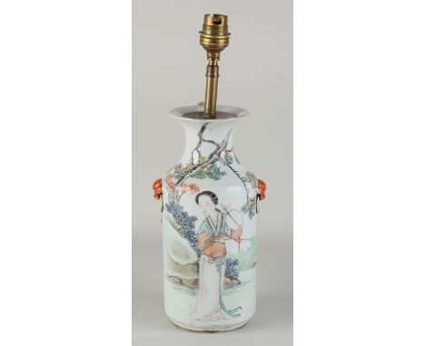 Chinese porcelain Family Rose vase as lamp base.&nbsp;With geisha/text decor.&nbsp;With bottom mark.&nbsp;19th century.&nbsp;