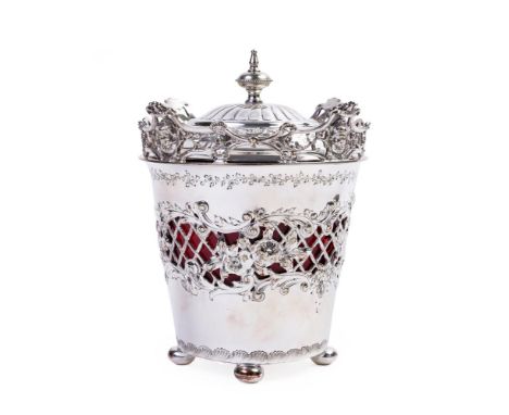 A SILVER-PLATED ICE BASKET AND COVERWITH RUBY GLASS LINER, JOSEPH RODGERS& SONSJoseph Rodgers & Sons, SheffieldD. 9/15 cm, H.