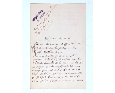 HENRI POINCARÉ (1854-1912)Autograph Letter Signed to Gauthier-Villars Editions. S.l., [date of receipt from the composer: 25 