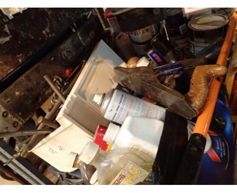 Shelf of mixed tools including cantilever toolbox workmate etc