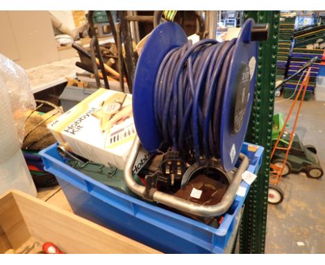 Box of mixed tools including 30 meter power reel