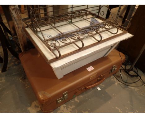 Mid Century suitcase wooden crate metal coat hanging rack and two prints of aircraft vulcan lighting 