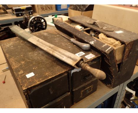 Old card file box containing tools with a small joiners tool box with contents 