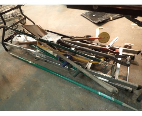 Collection of mixed gardening tools and a set of aluminium steps