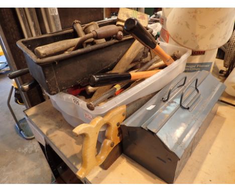 Metal tool box with contents large plastic container with hand tools etc 