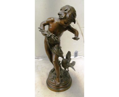 After August Moreau - a bronze figure young boy with cockerel pulling at his drape