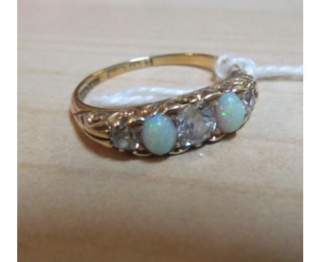 A gold five stone opal and diamond ring Size Q 3.6g