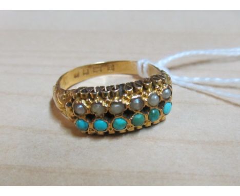 An 18ct double banded turquoise and pearl ring Size P 4.4g