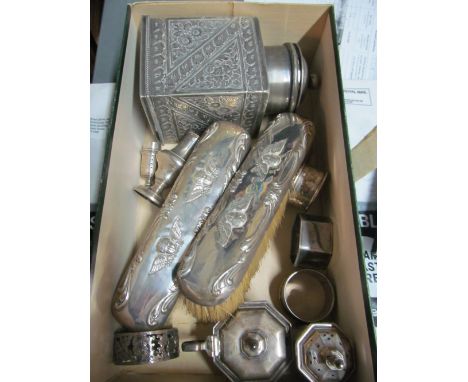 Four napkin rings, pair of brushes and three condiments and tea caddy