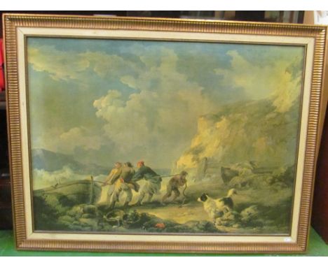 A large textured print fisherman pulling boats ashore
