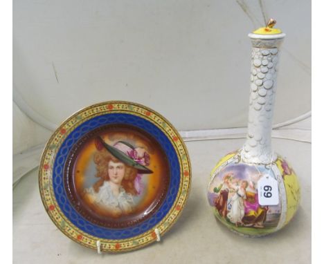 A Carlsbad fine porcelain plate portrait of a lady in large hat within decorative border and a Meissen style long necked lidd