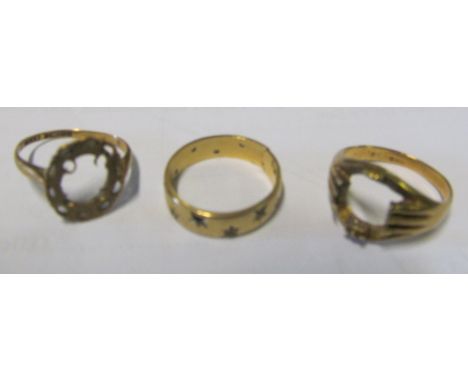 A gold ring no stone, 9ct ring no stone and 9ct band 8.9 gms