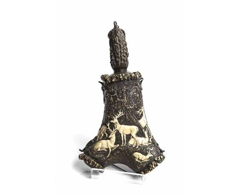 UNUSUAL 19TH CENTURY GERMAN ANTLER POWDER FLASK 
the screw cap with white metal mounts modelled as engraved acorn leaves, the
