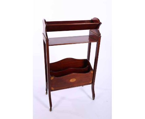 EDWARDIAN MAHOGANY SHERATON REVIVAL BOOK REST 
with open shelf and two division paper rack below, on splayed legs, 53cm wide