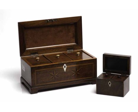 LATE 19TH CENTURY PARQUETRY INLAID MAHOGANY TEA CADDY
with three tea compartments, 26cm wide; together with a mahogany minatu
