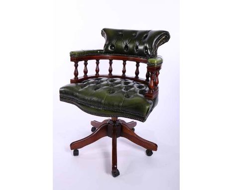 MAHOGANY FRAMED SWIVEL TUB BUSINESS CHAIR 
upholstered button back seat in green leather
