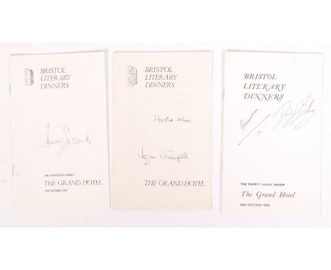 A collection of 3x vintage ' Bristol Literary Dinners ' programmes - all 1970's. Each signed by various speakers present at t