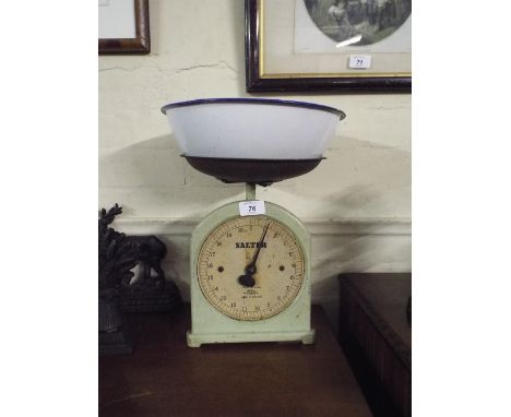 A Set of Salters Kitchen Scales and An Enamel Bowl. 