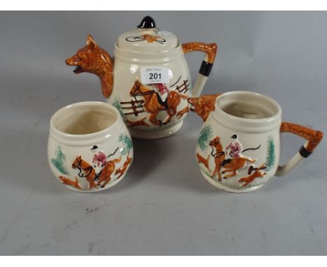 A Matching Tea Pot Milk Jug and Sugar Bowl Decorated with Hunting Scene Foxes Crops Etc. 