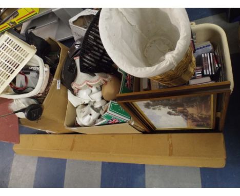 Four Boxes to Include Various China Ceramic Flat Ware Kitchenalia Lamps Etc.