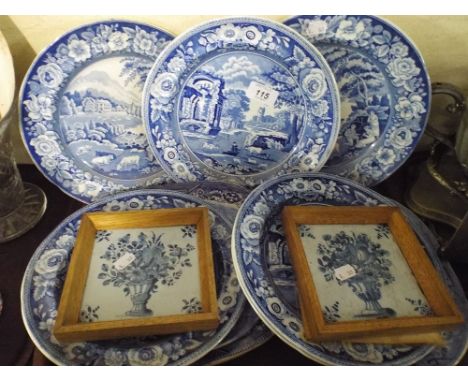 A Collection of Blue and White Plates and Two Italian Early 20th Century Wall Tiles in Oak Frames. 