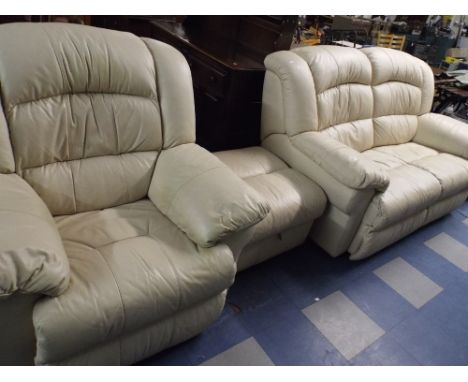 A Leather Arm Chair Two Seater Sofa and A Pouffe with Reclining Movement. 