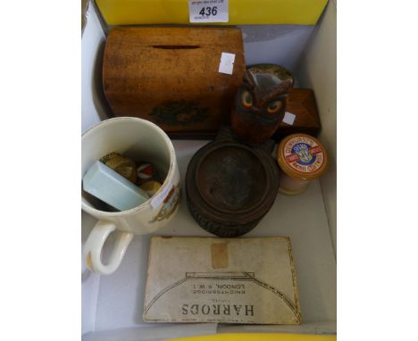 A mixed lot of various small items to include wooden money box, owl shaped pipe stand, case of needles, various small trinket
