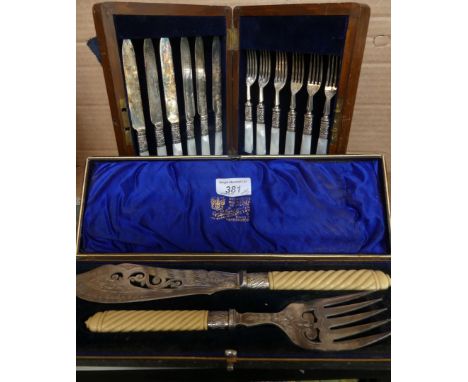 A silver-plated cased fish servers, together with mother of pearl handled and silver-plated dessert knife and fork set (2).
