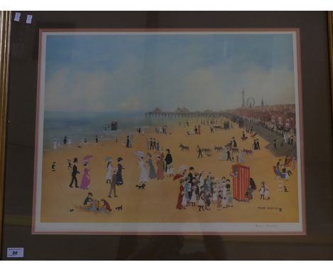 Helen Bradley - signed print, Blackpool beach scene