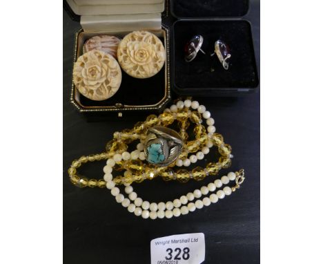 A citrine and rock crystal style facted bead necklace, together with, a cameo brooch, amber ear studs, a mother of pearl bead
