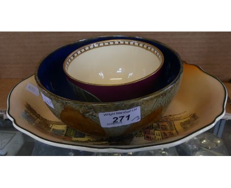 A mixed lot comprising a Royal Doulton Dickensware bowl, a Royal Doulton stoneware leaf pattern bowl and a Adams Prize of Lon