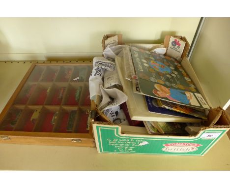 A mixed lot comprising a small glazed cabinet containing model vehicles, various collectors coin sets, albums, tea cards, hip