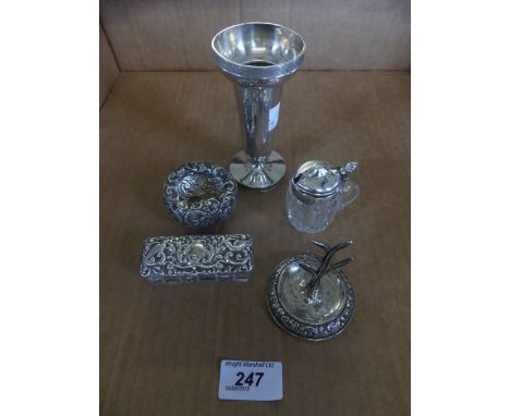 A mixed lot of various silver items to include a small Birmingham hallmarked stem vase, dressing table jars, a small mustard 