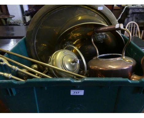 A mixed lot of assorted brass and copper wares to include fire tools, various plates, kettle, candlesticks and other items.