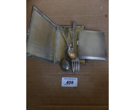 A mixed lot comprising two silver cigarette cases with engine turned decoration plus further sundry cutlery, total silver wei