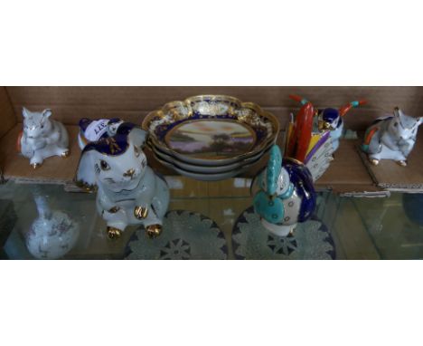 Three Noritake gilt decorated dishes together with six Bellwood model animals (9).