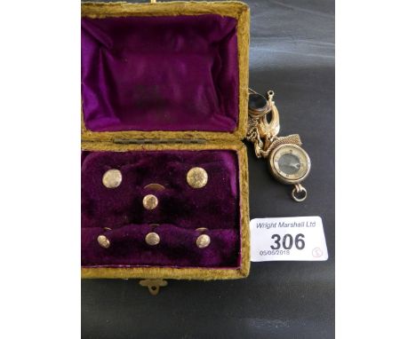 A cased set of yellow metal studs, four stamped 9ct, together with, two compass charms, a 9k gold watch strap, an umarked yel