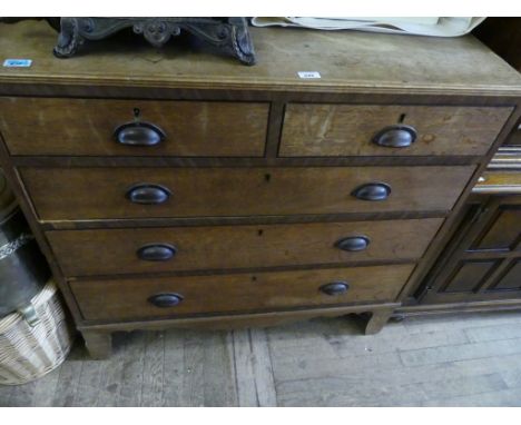 A 19th Century oak and mahogany crossbanded chest of drawers, having two short over three long drawers, raised on bracket fee