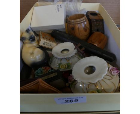 A box of assorted collectables to include dressing table candlesticks, miniature guitars, travelling brush and comb set, vari