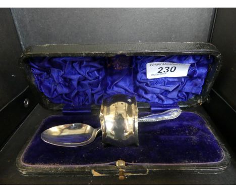 Cased Birmingham hallmarked silver christening spoon and napkin ring 1oz  