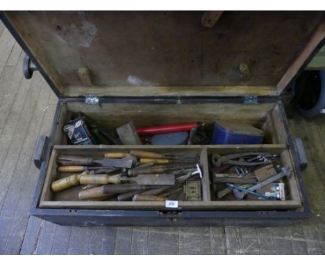 A Vintage wooden tool chest containing a mixed lot of tools